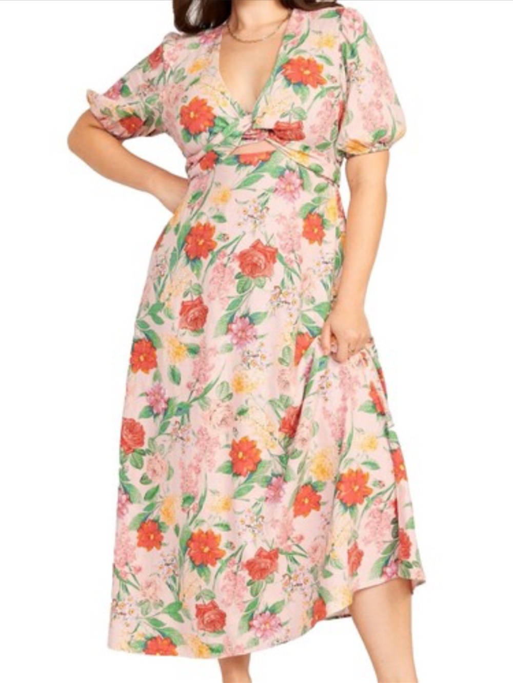 Old Navy Pink Floral V-Neck Linen Blend Maxi Dress XXL Fit & Flare Twist Front